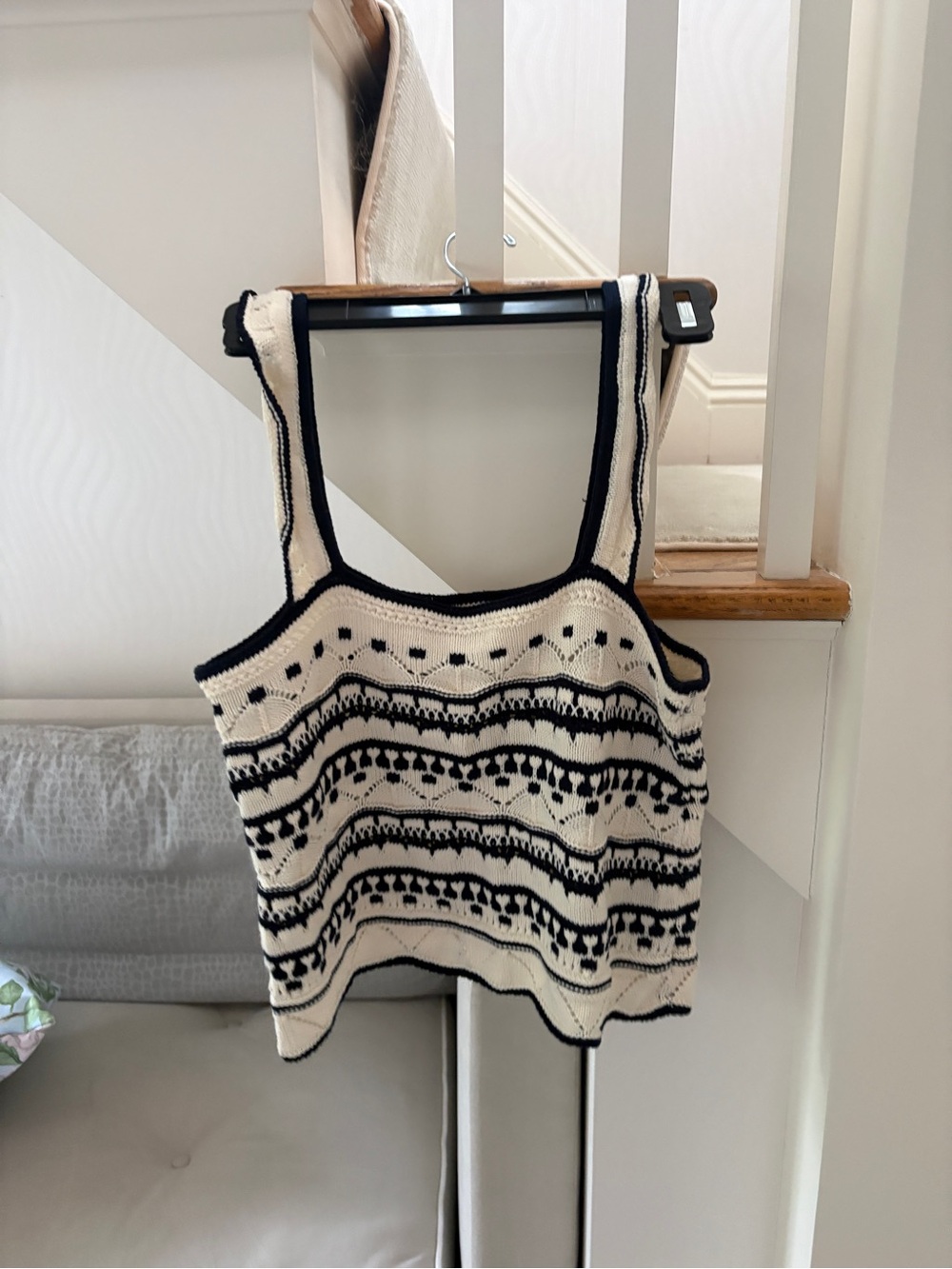 La Ligne Cream and navy crochet  Patterned Knit Tank